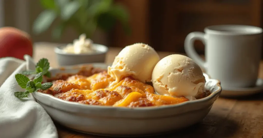 Serving Peach Cobbler with a Touch of Sweetness