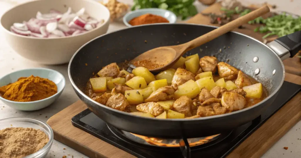 Step-by-Step Cooking Process for Chicken Curry with Potatoes