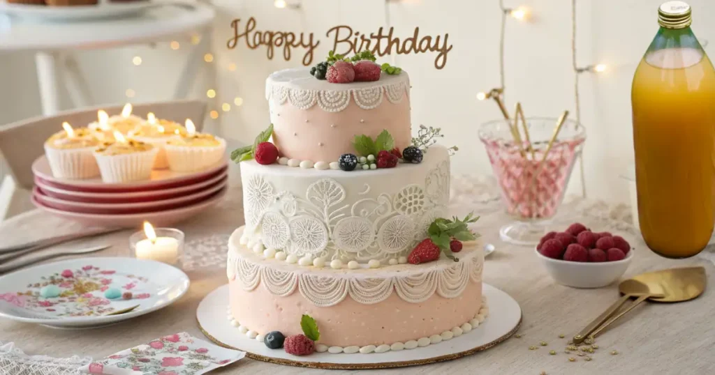 Birthday Cake Served with Creative Presentation and Garnishes