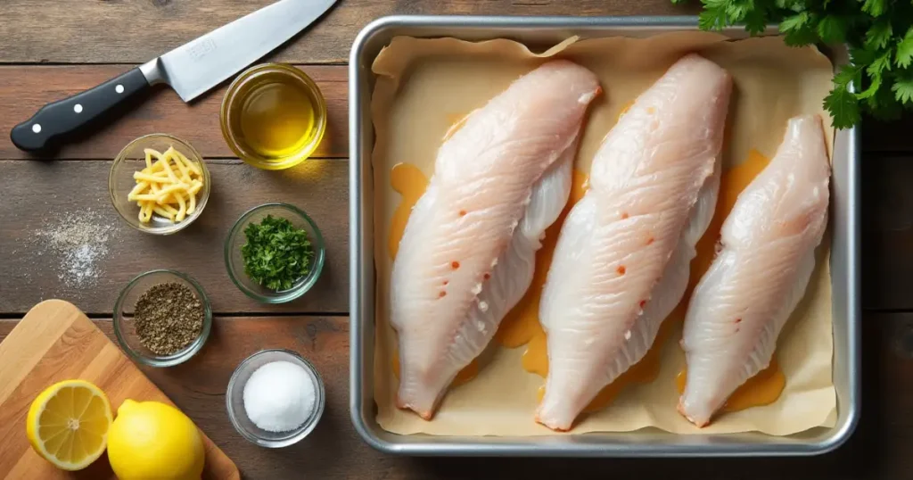 Fresh ingredients for baked tilapia including tilapia fillets, lemon slices, garlic, olive oil, and herbs