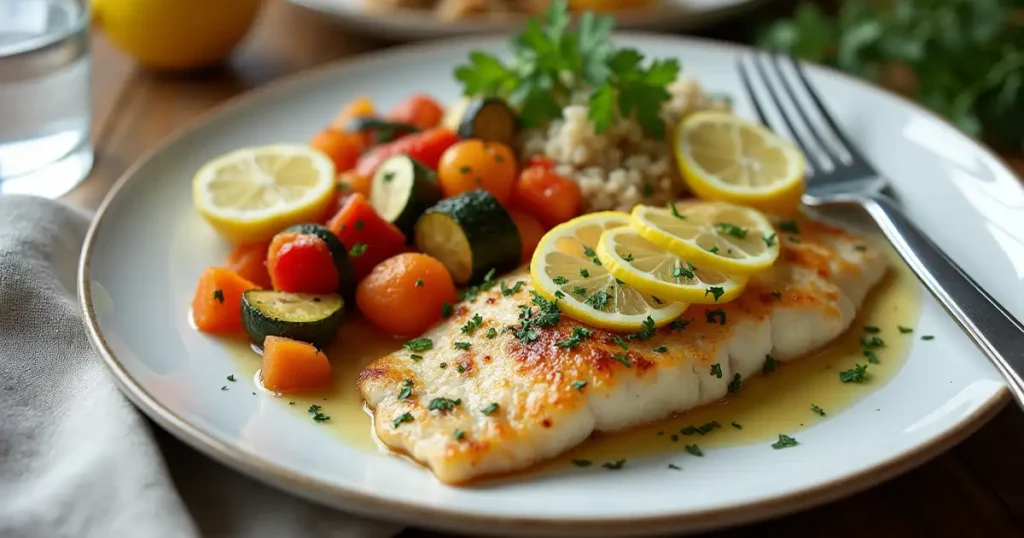 Plated baked tilapia fillet served with roasted vegetables and lemon garnish on a white plate