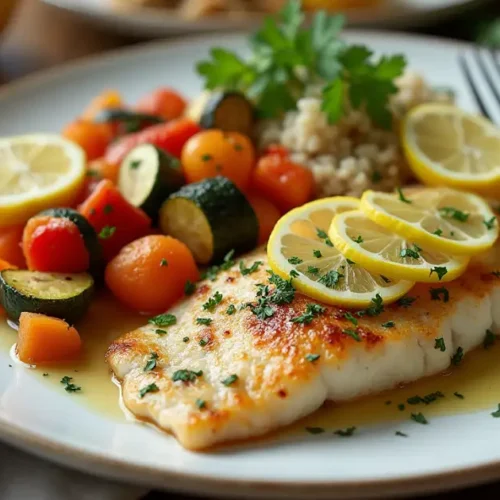 Plated baked tilapia fillet served with roasted vegetables and lemon garnish on a white plate