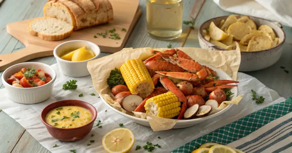 Serving Garlic Honey Butter Crab Boil Family Style