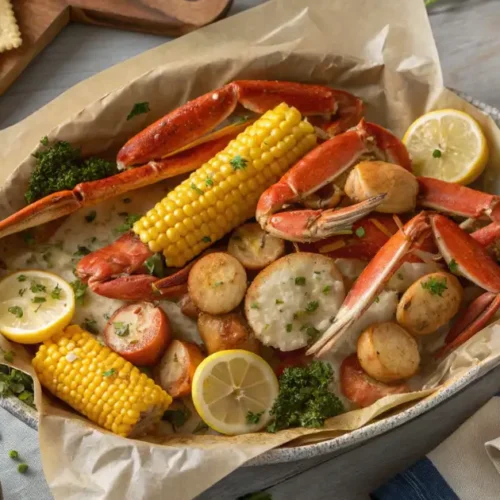 Futuristic Garlic Honey Butter Crab Boil Presentation