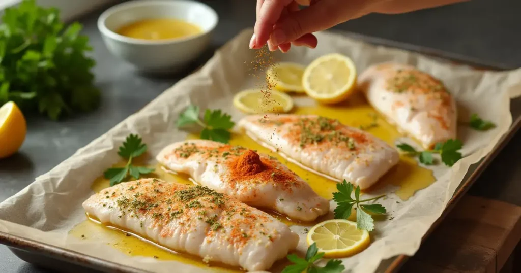 Step-by-step preparation of baked tilapia with seasoning, lemon slices, and olive oil on a baking tray