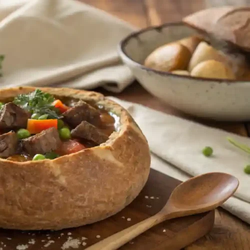 Modern and Traditional Styles of Beef Stew in Bread Bowls