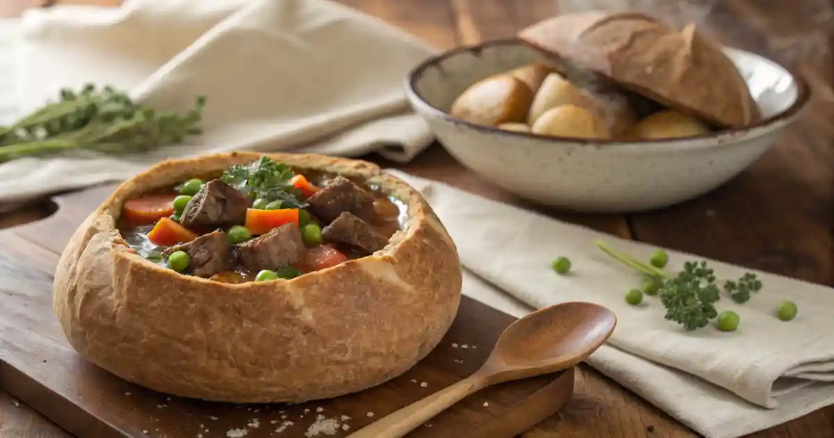 Modern and Traditional Styles of Beef Stew in Bread Bowls