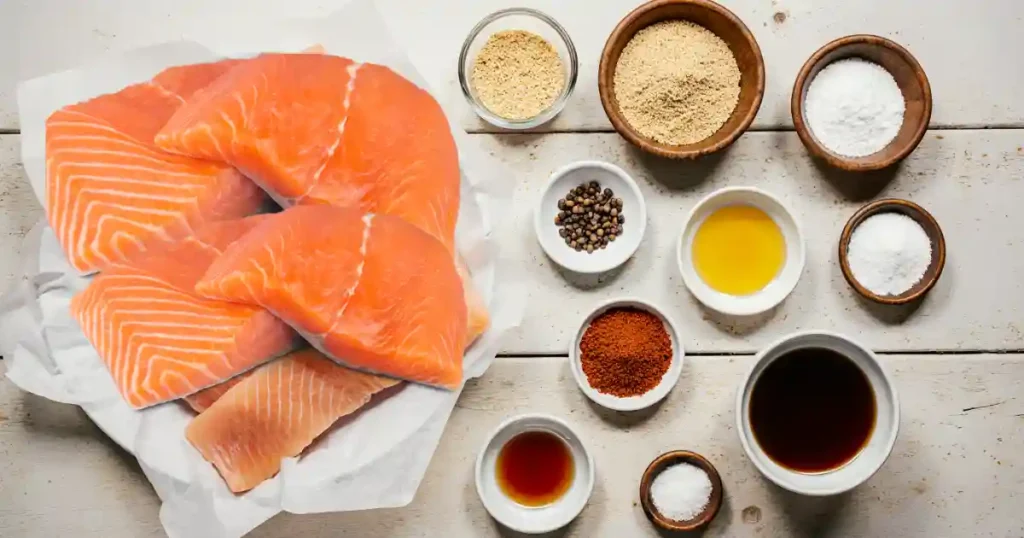 Ingredients for Crispy Salmon Bites Laid Out Neatly