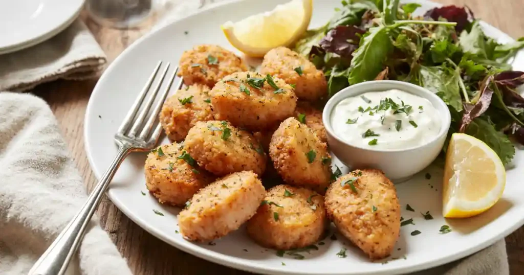 Crispy Salmon Bites Served with Sides and Dipping Sauce